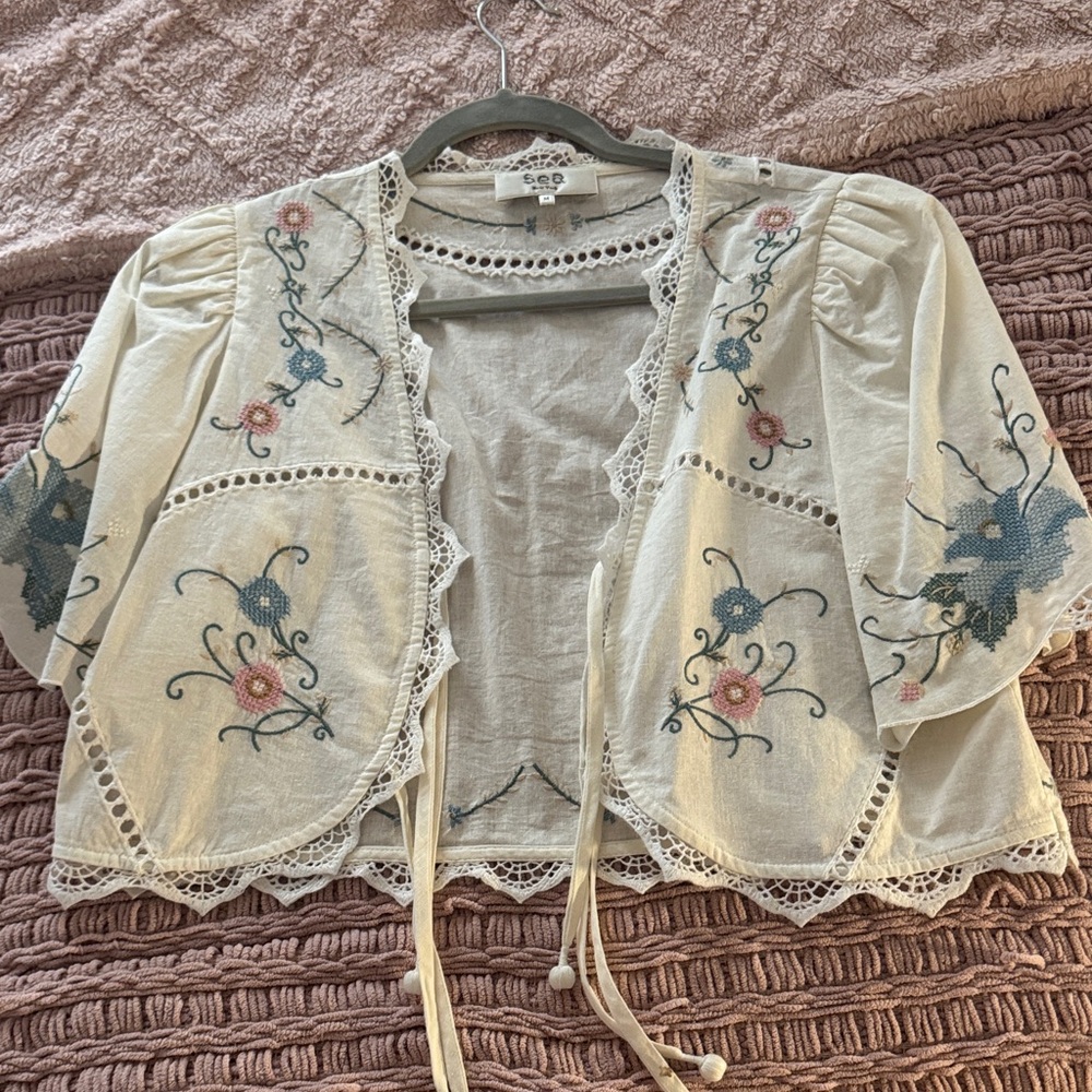 Sea New York Cream Embroidered Tie-Front Cropped
